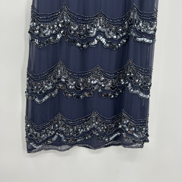 PISARRO NIGHTS Navy Blue Silk Beaded Sequin Cocktail Mother Of The Bride Dress 6 - Picture 5 of 8